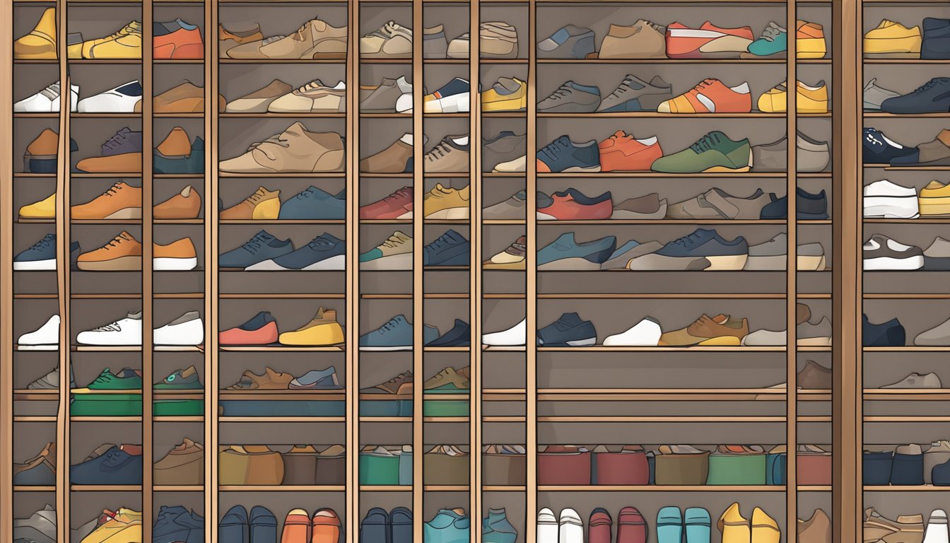 A shoe rack cabinet stands against a wall, filled with neatly arranged pairs of shoes of various styles and colors