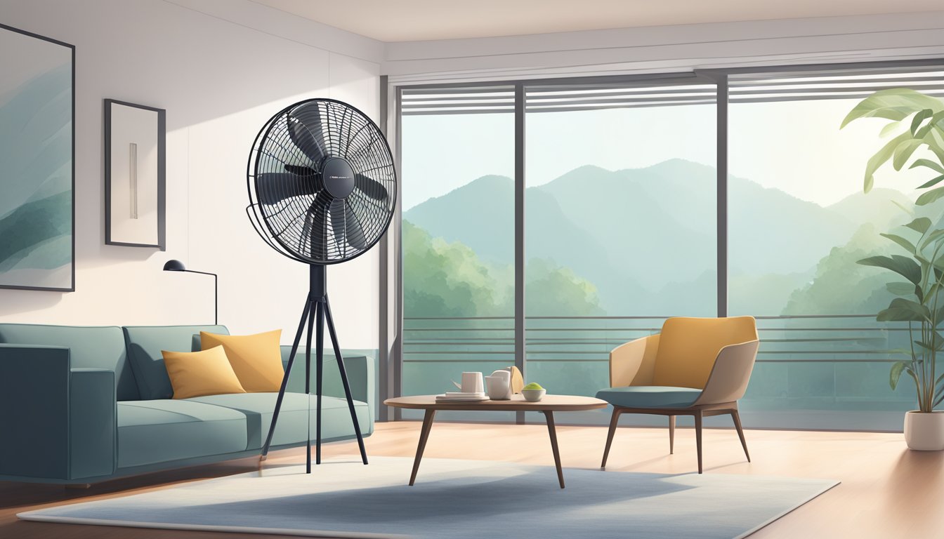 A sleek standing fan in a modern Singaporean living room, with clean lines and a minimalist design, providing cool air on a hot day