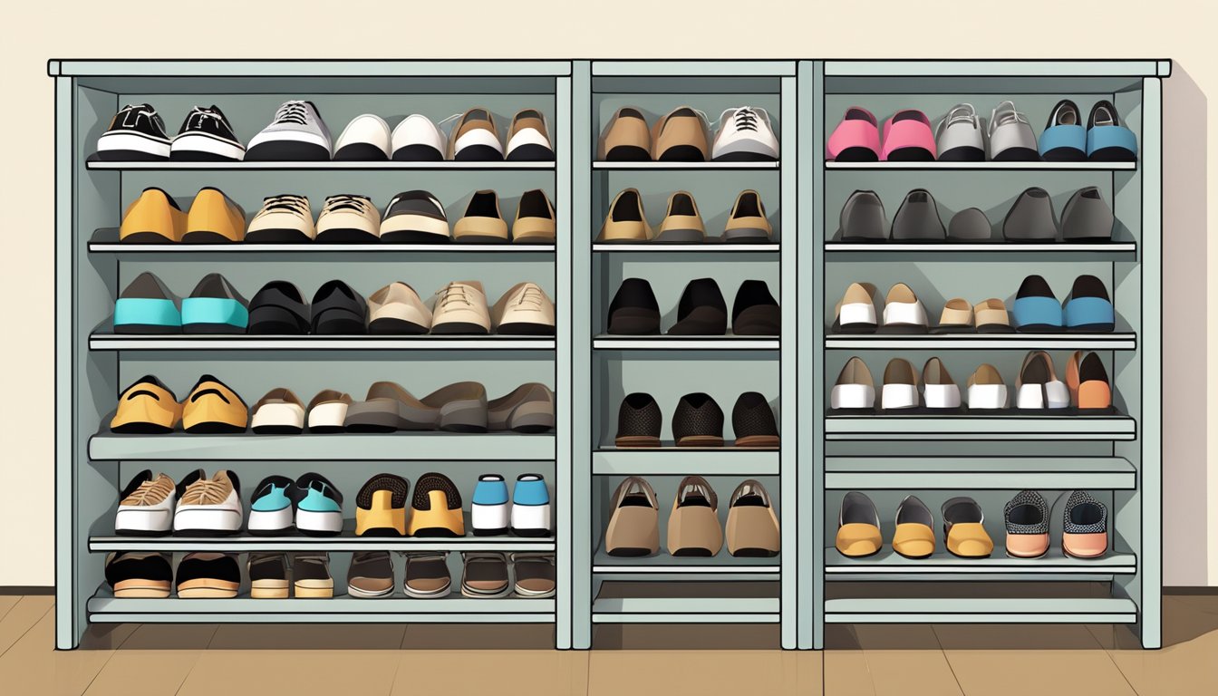 A shoe rack cabinet with multiple tiers and compartments, displaying various shoe styles and sizes in an organized and aesthetically pleasing manner