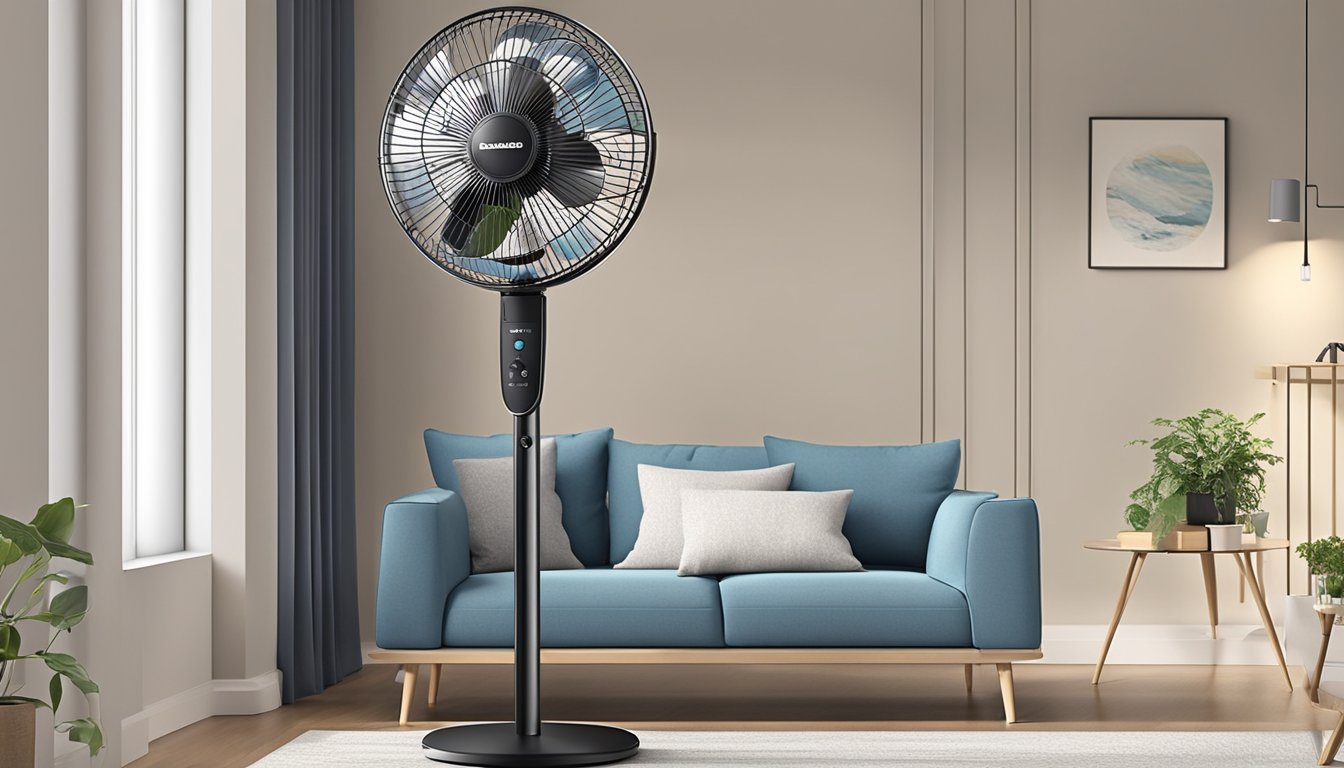 A standing fan placed in a well-lit room, with adjustable height and oscillation features. It has a sleek and modern design, with a sturdy base and easy-to-use control buttons