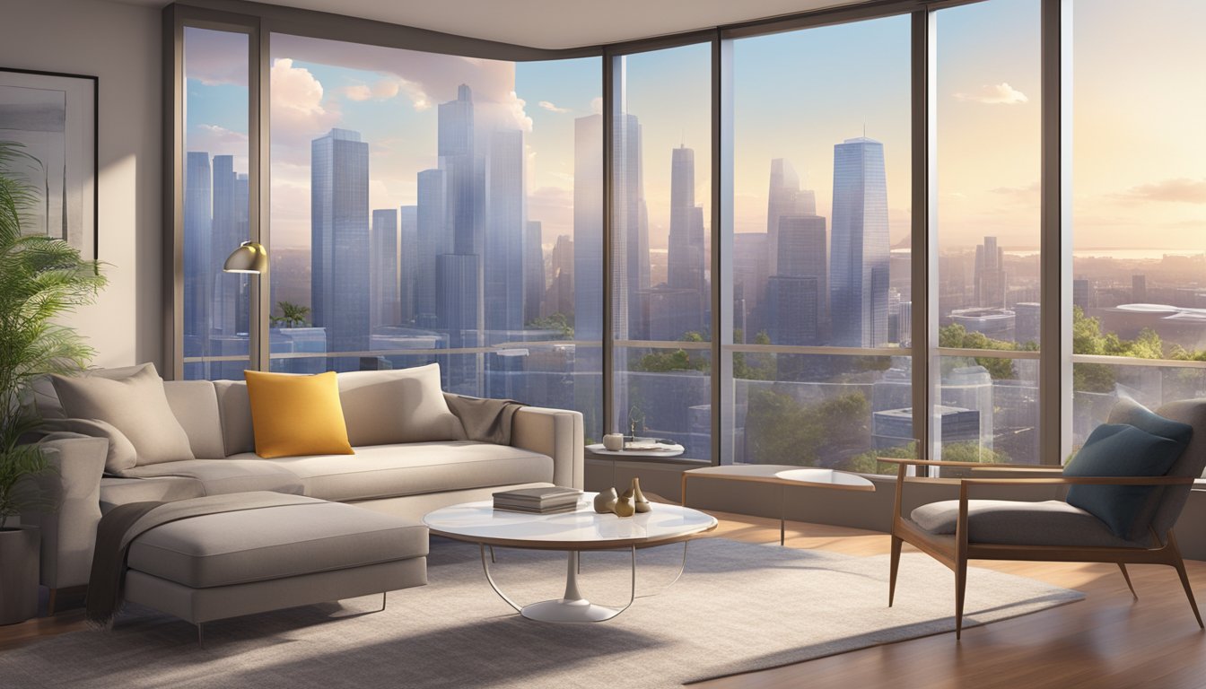 A sleek, modern standing fan sits in a well-lit living room, with a backdrop of a city skyline visible through the window