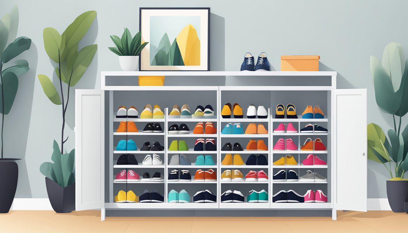 A shoe cabinet stands against a wall, filled with neatly organized pairs of shoes. The cabinet's sleek design maximizes storage space, with multiple compartments and shelves for efficient organization