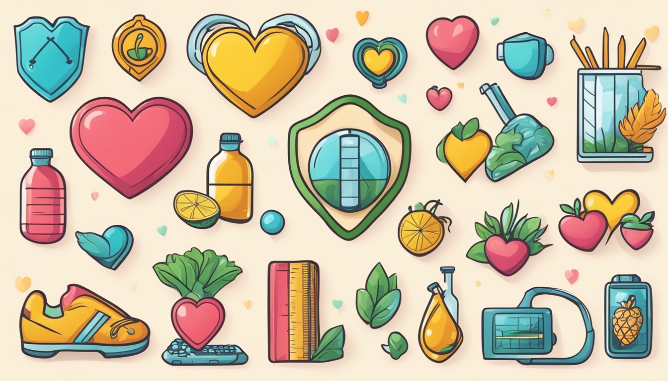 A heart with a caution sign and healthy lifestyle symbols