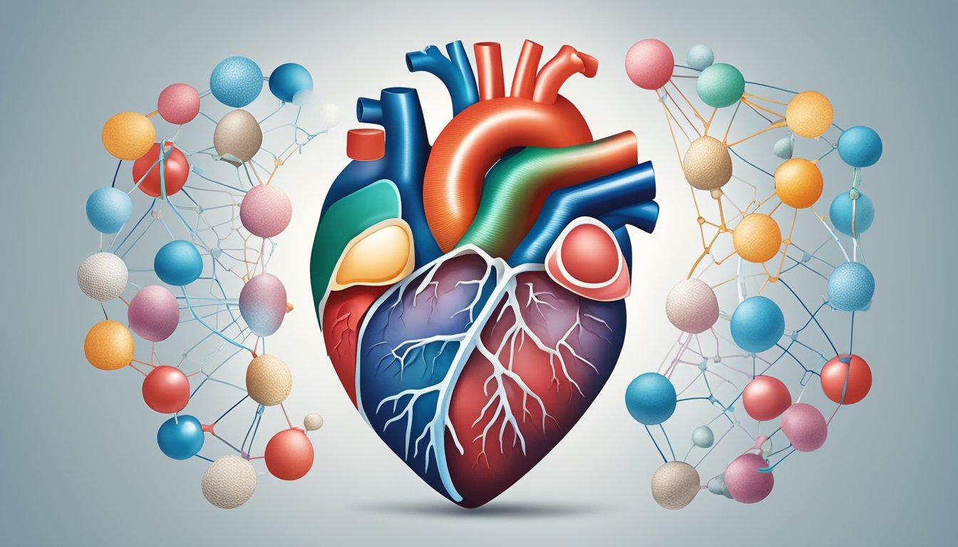 A heart surrounded by genetic material, symbolizing the link between genetics and rheumatic heart disease