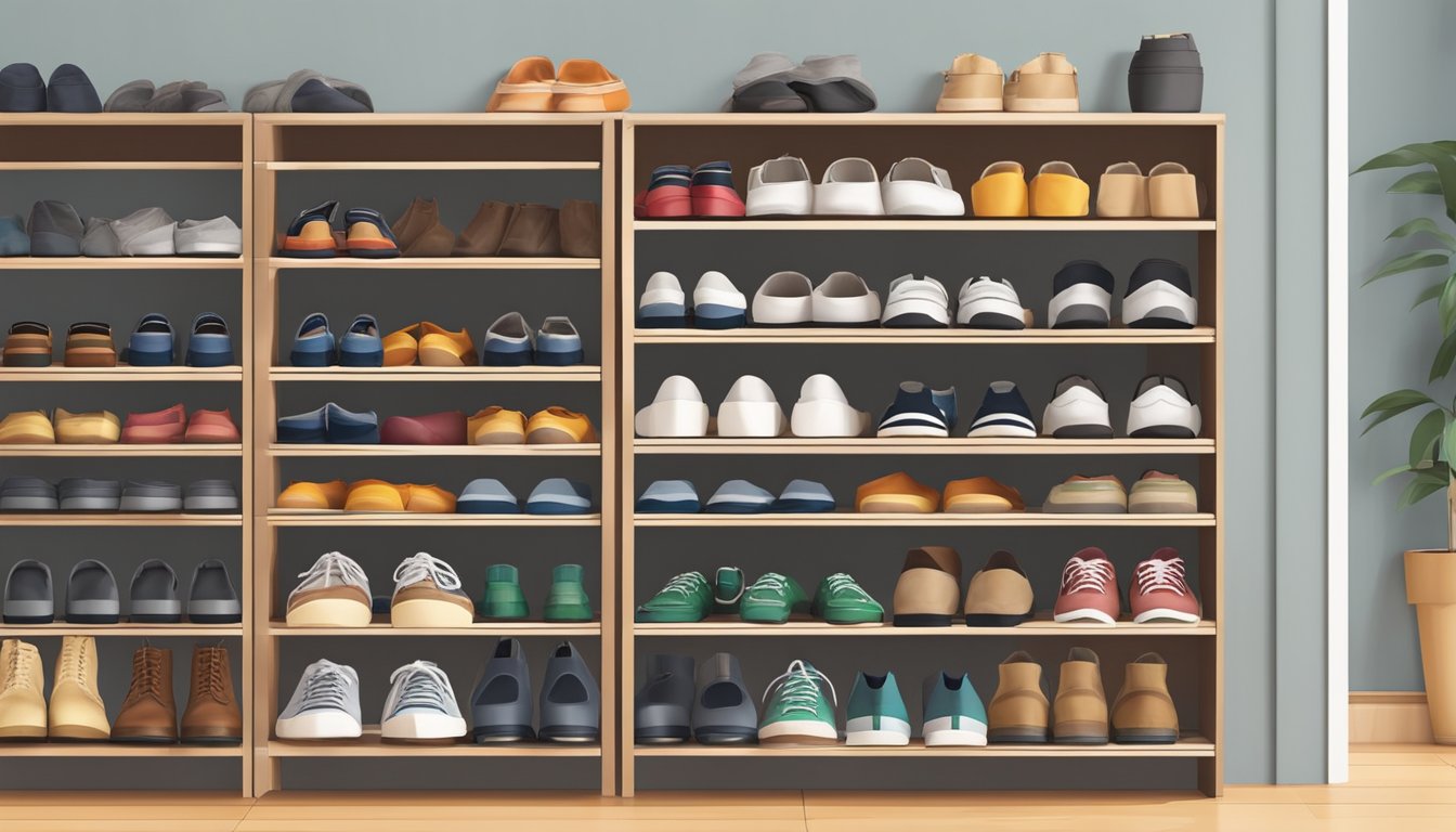 A shoe rack cabinet with multiple shelves and compartments, neatly organized with various types of footwear. The cabinet is placed against a wall in a well-lit room