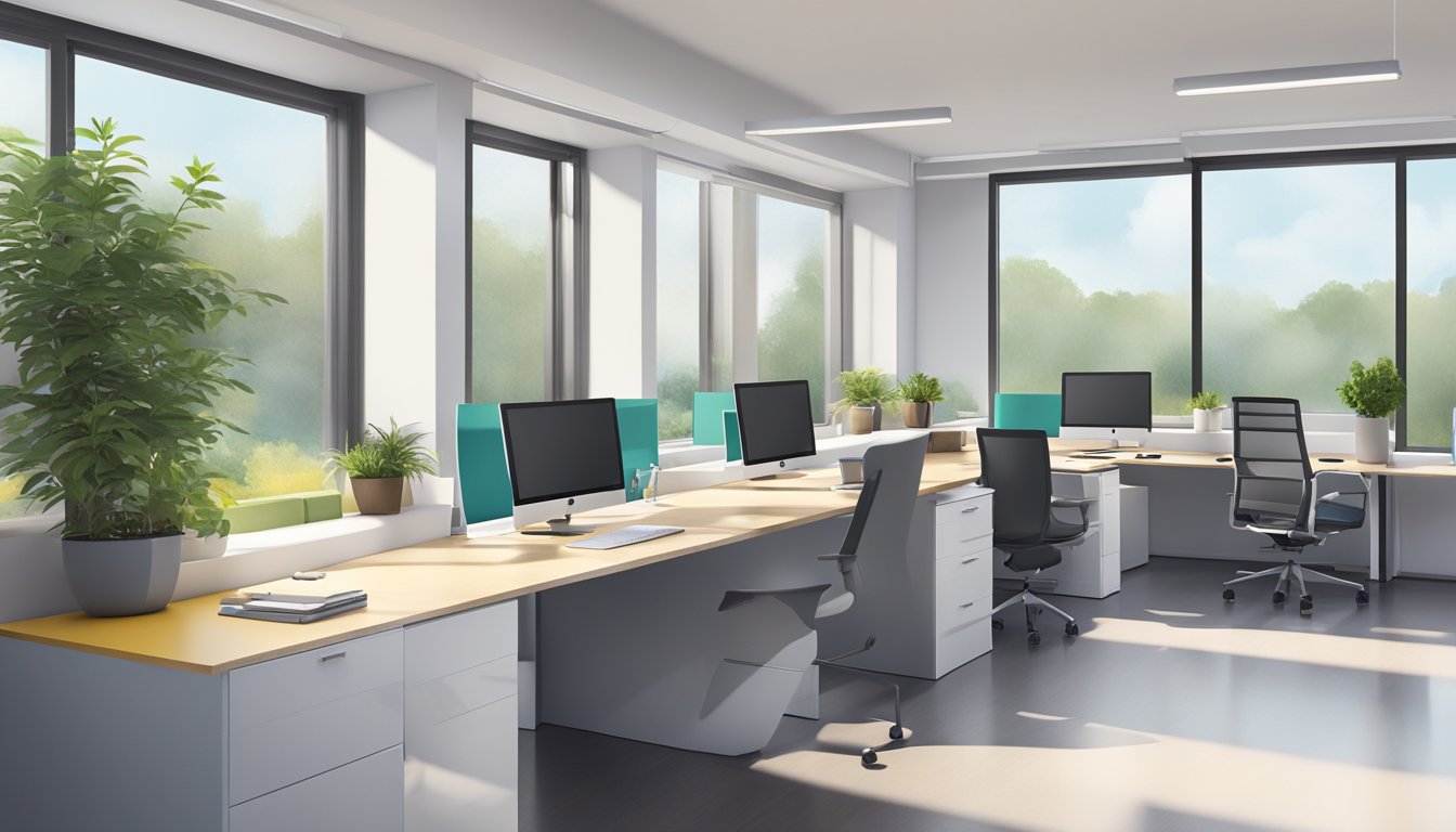 A modern, minimalist office space with sleek furniture and pops of color. A large window lets in natural light, showcasing the company's interior design expertise