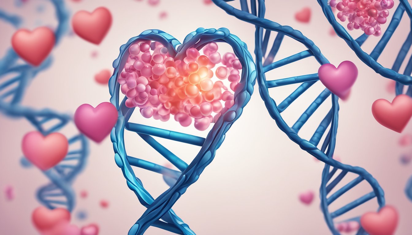 A DNA double helix surrounded by heart-shaped cells, representing the genetic factors in rheumatic heart disease
