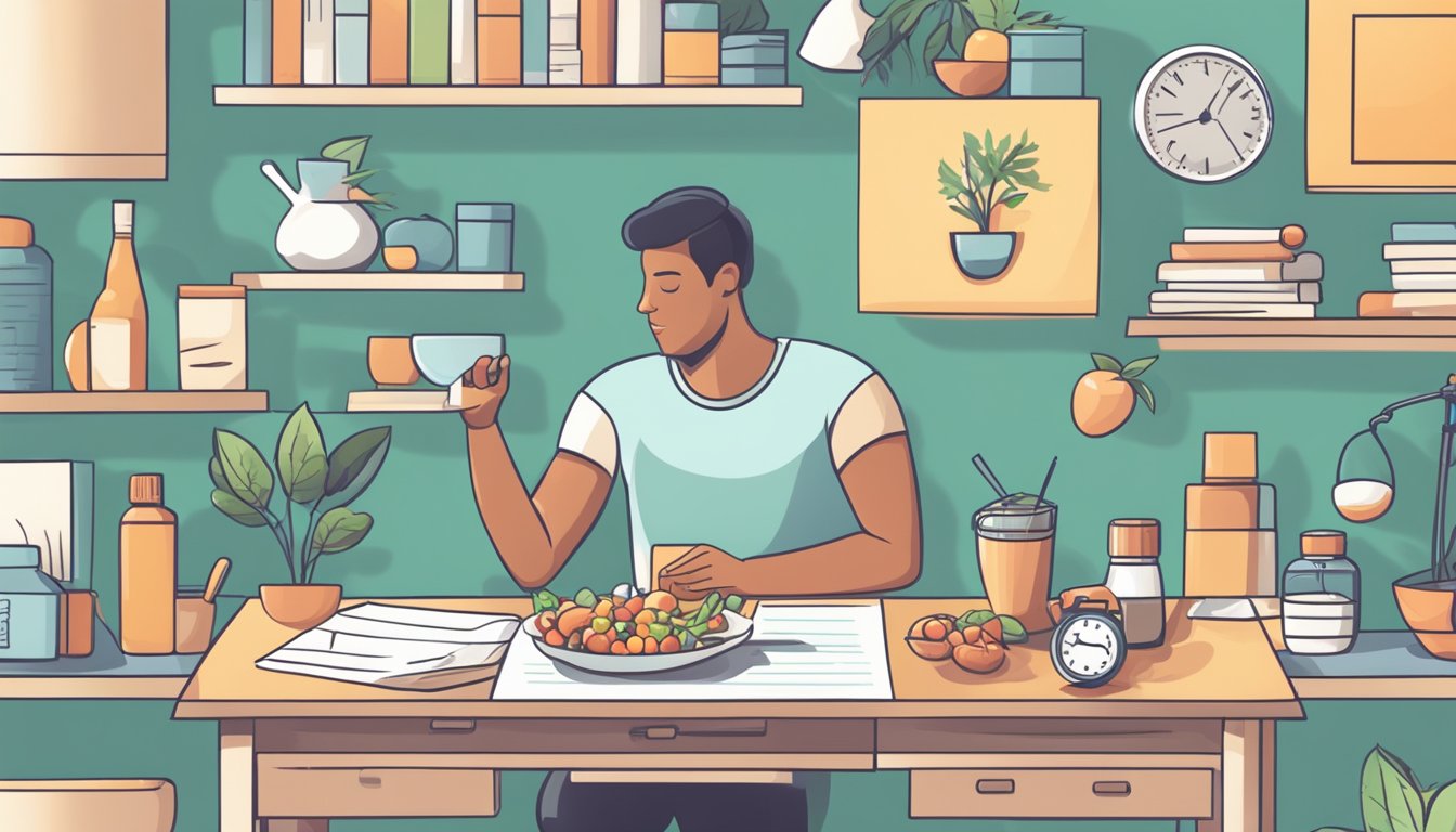 A person exercising, eating healthy, and managing stress. Medications and regular check-ups are part of the routine