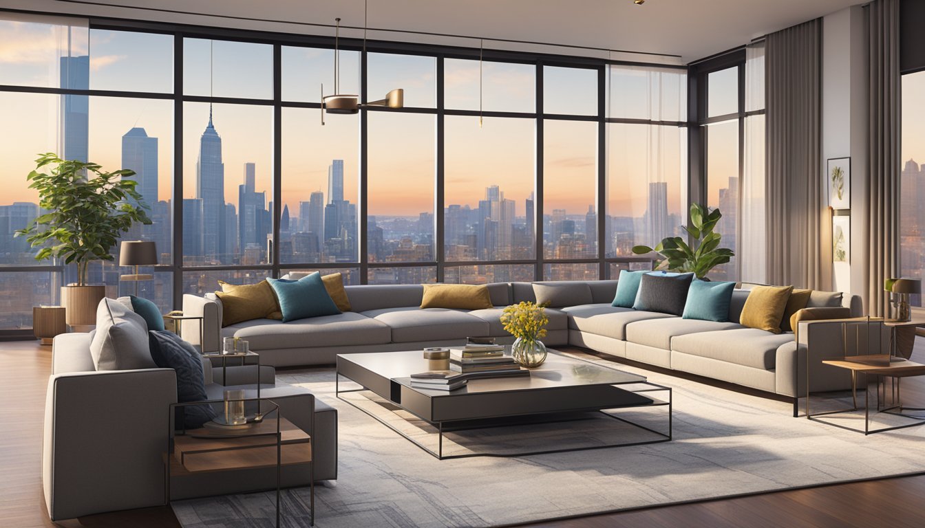 A spacious, modern living room with sleek furniture, vibrant accent pieces, and large windows overlooking the city skyline