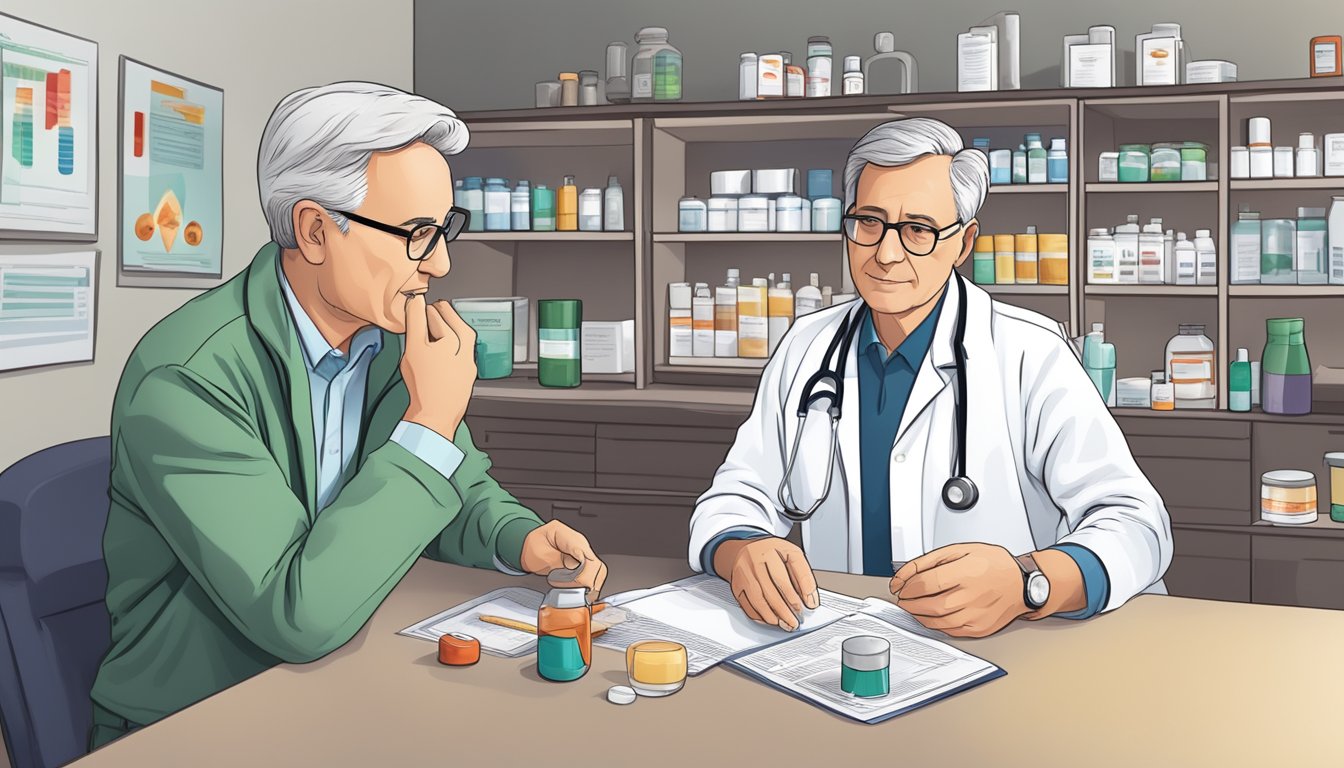 A doctor discussing heart attack prevention with a patient, showing medication and lifestyle changes