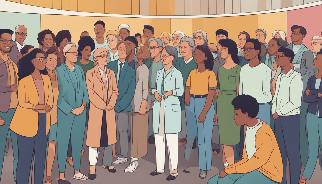 A group of people gathered around a large sign that reads "Frequently Asked Questions: Is rheumatic heart disease genetic?" with a mix of concern and curiosity on their faces