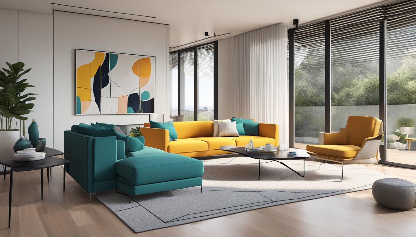 A modern, sleek living room with minimalist furniture and pops of vibrant color. Clean lines and open spaces create a sense of tranquility and sophistication