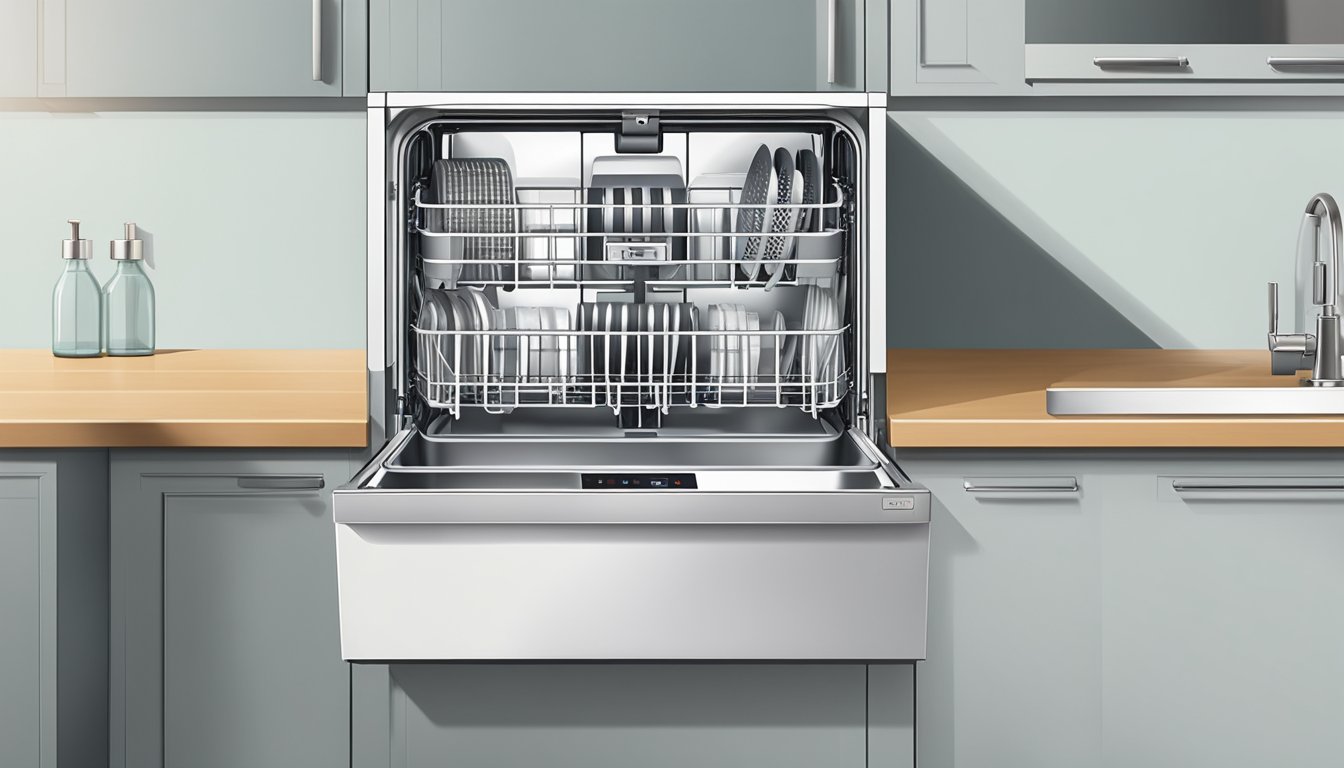 A table top dishwasher sits on a counter, next to a sink. It is compact, with a clear front door and buttons for control