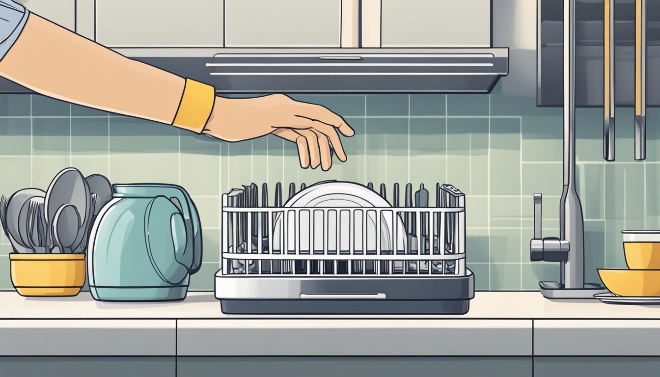 A hand reaches out to open a compact table top dishwasher on a clean kitchen counter, with dishes neatly stacked nearby