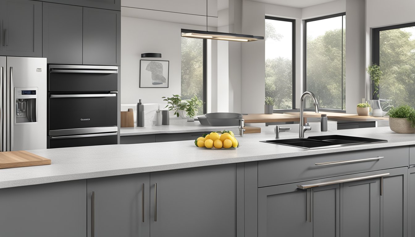 A sleek table top dishwasher sits on a clean countertop, featuring the logo of "Top Brands and Models" prominently displayed