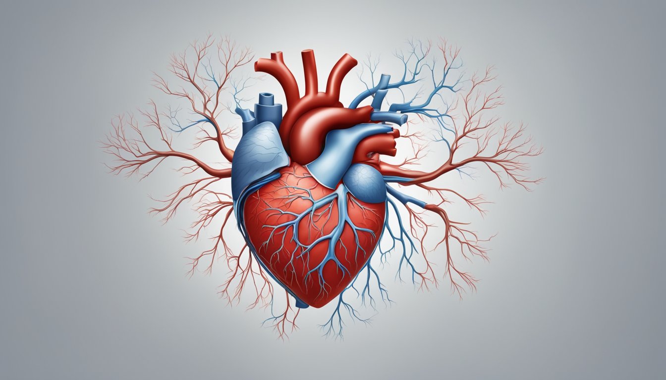 A heart with left-sided failure, surrounded by congested blood vessels and fluid-filled lungs