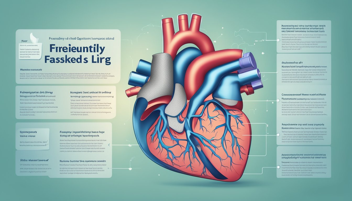 A heart with left-sided failure, surrounded by fluid-filled lungs. Text "Frequently Asked Questions" displayed nearby