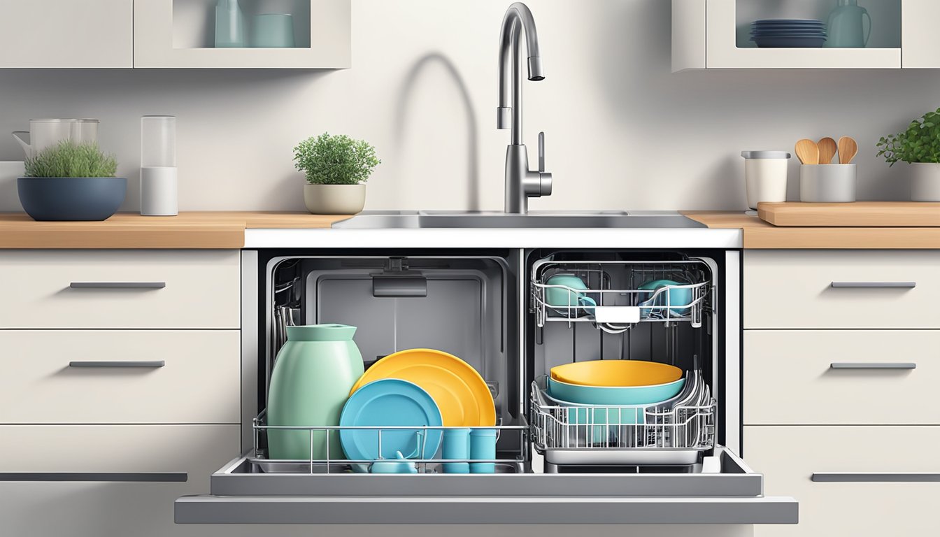 A compact tabletop dishwasher sits on a kitchen counter next to a sink, with a stack of clean dishes inside and a water inlet hose connected