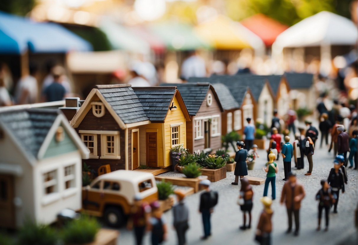 A bustling street market with a variety of tiny houses on display, with signs indicating prices and availability. A crowd of people browsing and talking to vendors about purchasing or obtaining a free tiny house