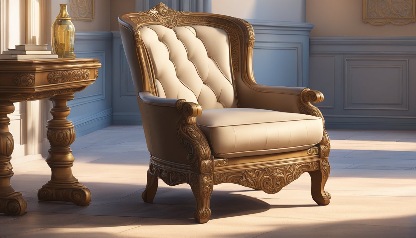 An elegant ottoman chair sits beside a window, bathed in warm sunlight. Its plush cushion and ornate woodwork exude a sense of luxury and comfort