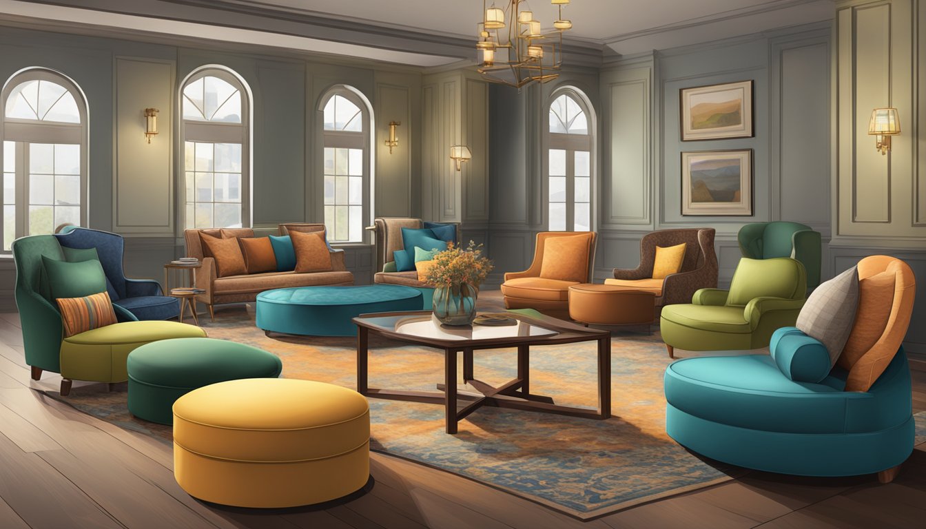 A room with various ottoman chairs arranged in different styles and colors, showcasing their versatility and potential for use in various settings