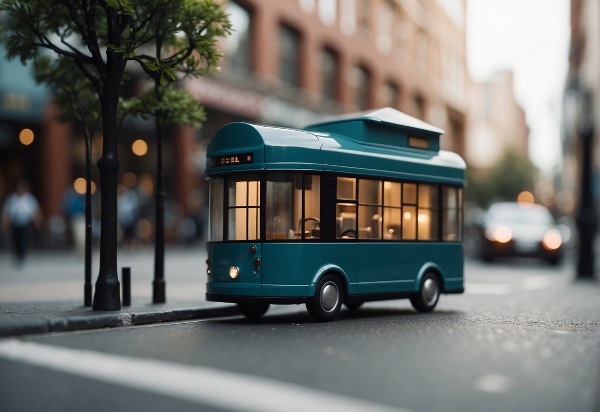 A bustling city street with a prominent Tesla showroom displaying a tiny house model in the window. Pedestrians pass by, some stopping to peer inside