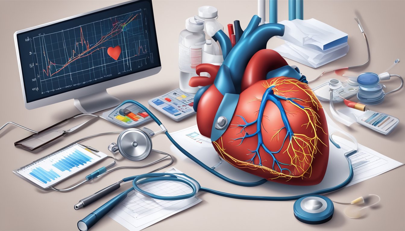 A heart with a blood clot, surrounded by medical equipment and charts explaining risk factors and treatment options