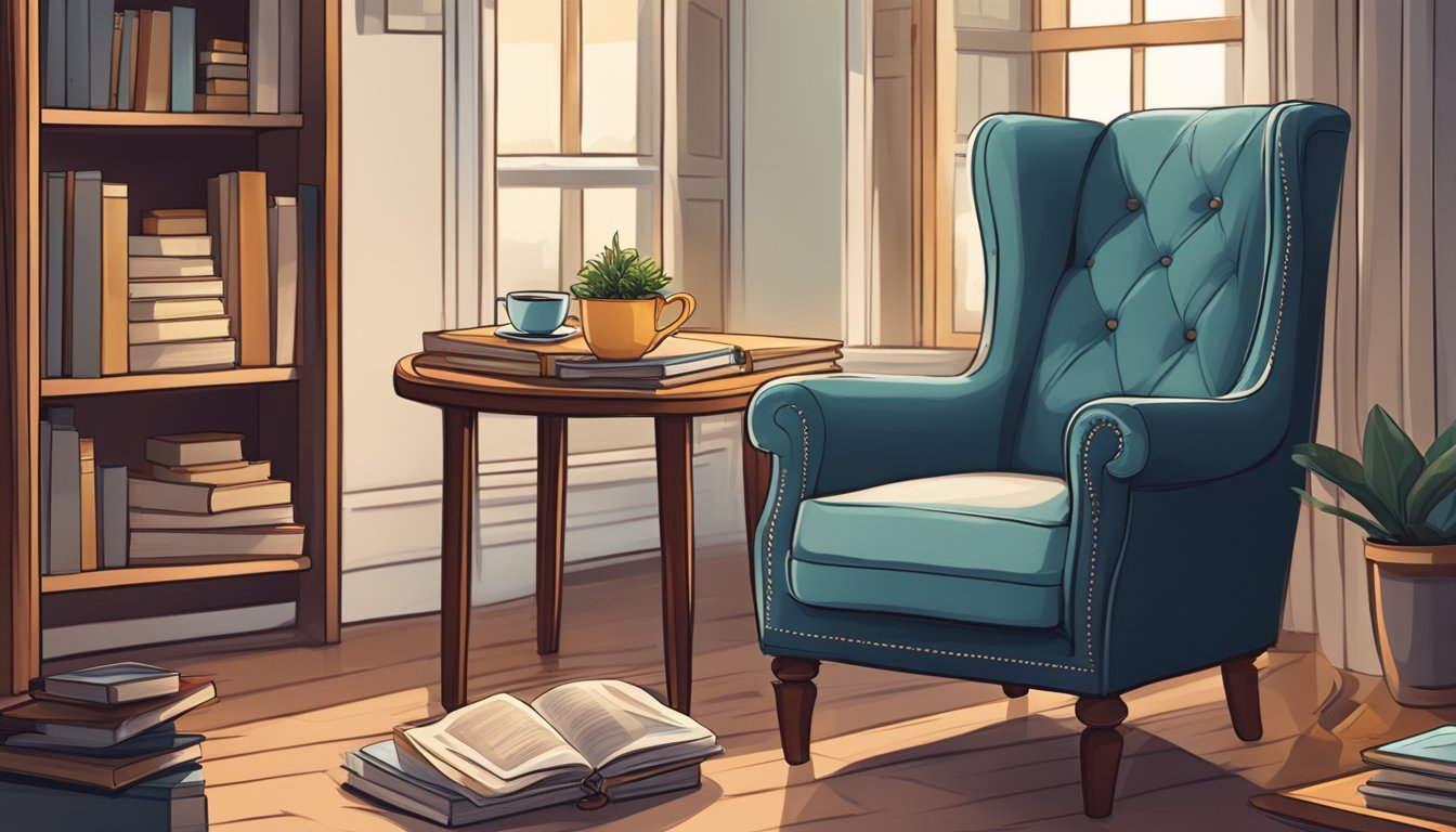 A cozy armchair with a built-in ottoman, surrounded by a stack of books and a warm cup of tea on a side table