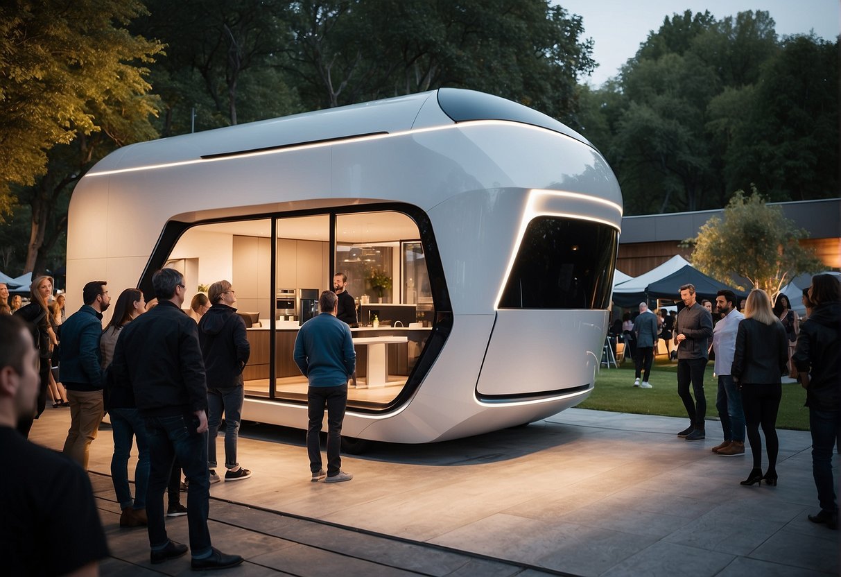 A customer approaches a sleek Tesla Tiny House display at a bustling outdoor event. The compact, modern structure is surrounded by curious onlookers