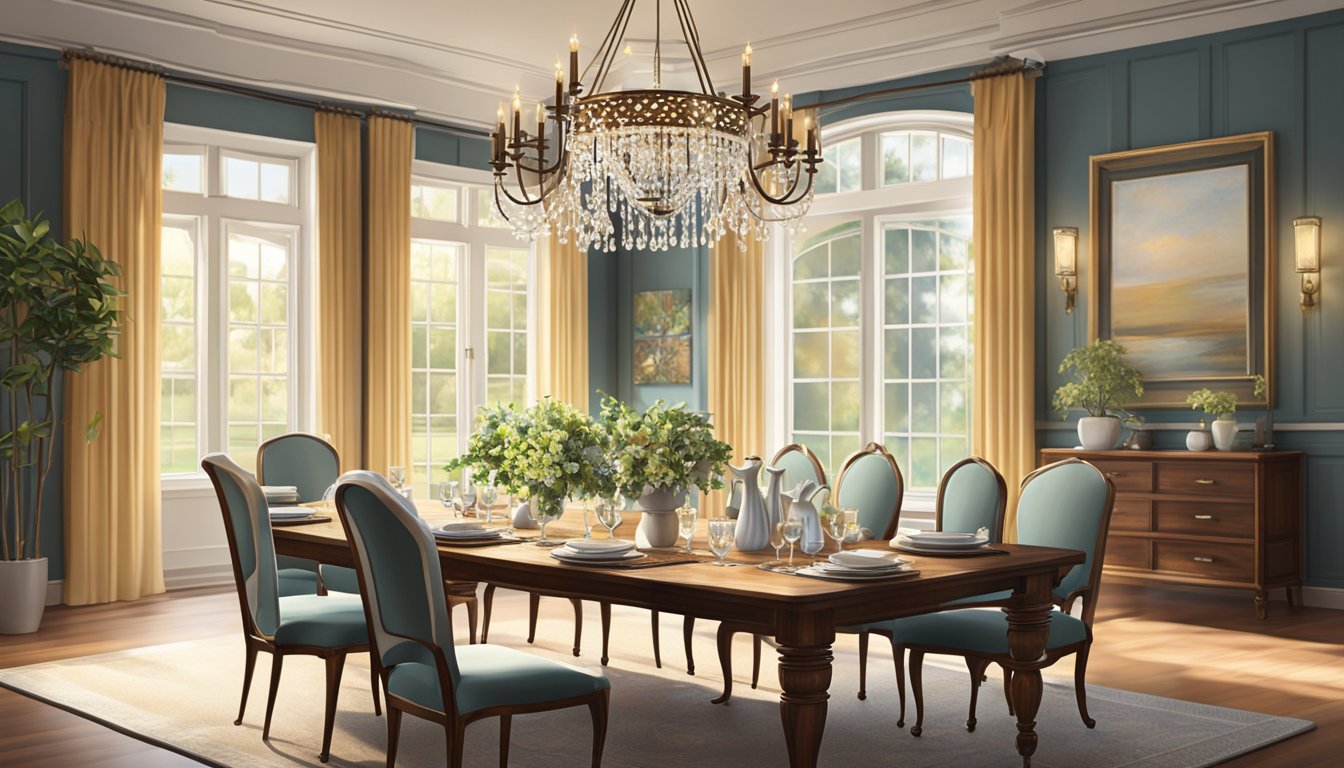 A dining room with a long wooden table, set with elegant place settings and a chandelier hanging above. Sunlight streams in through large windows, casting a warm glow on the room