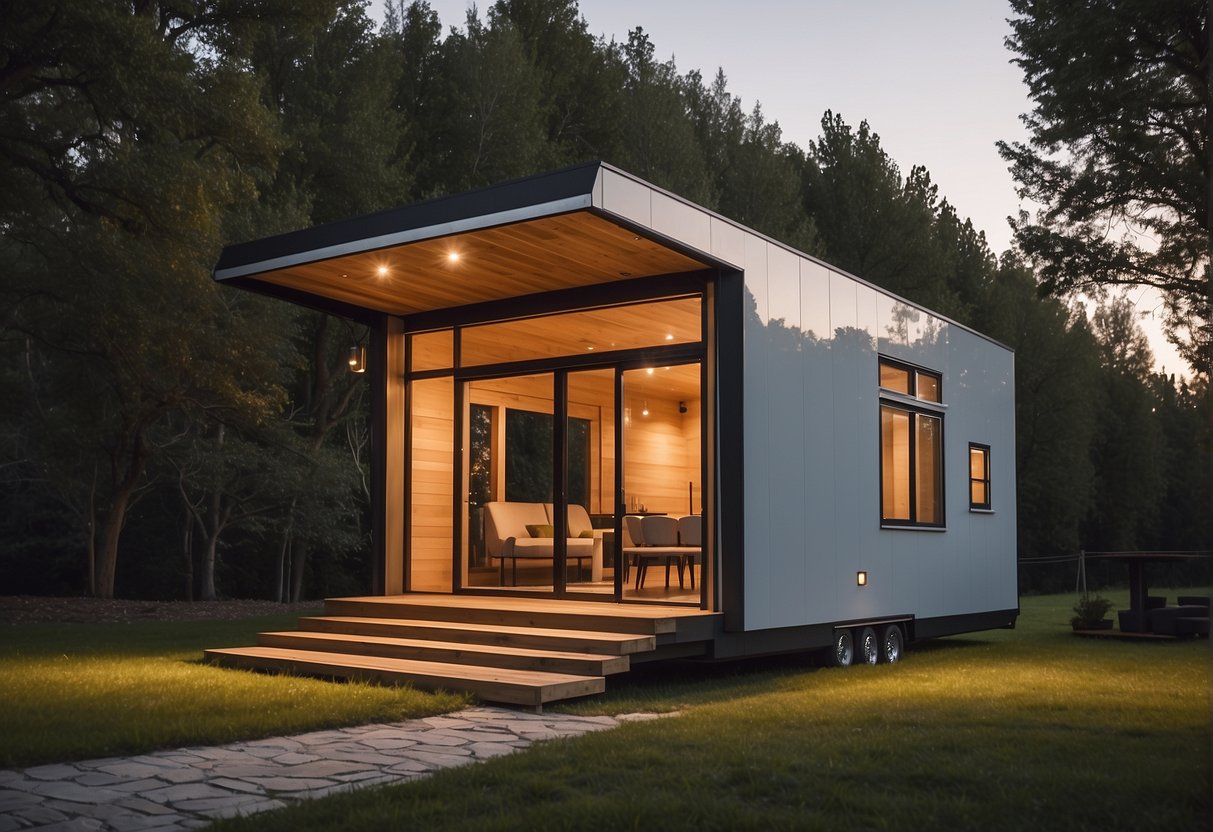 The Tesla Tiny House sits in a serene natural setting, with solar panels on the roof and a sleek, modern design