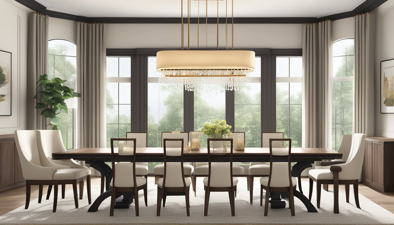 A well-lit dining room with a long wooden table, surrounded by six upholstered chairs. A chandelier hangs above the table, and a large window lets in natural light