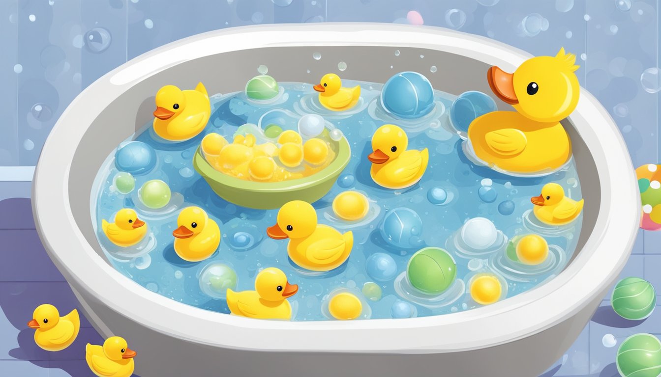 A small, round baby bath tub filled with bubbly water, surrounded by rubber duck toys and a soft towel nearby