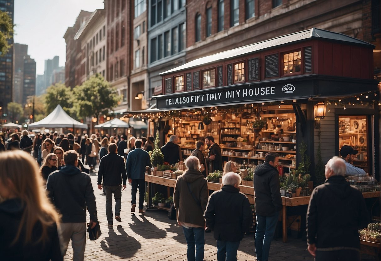 A bustling marketplace with a prominent sign reading "Tesla Tiny House" surrounded by curious shoppers and vendors