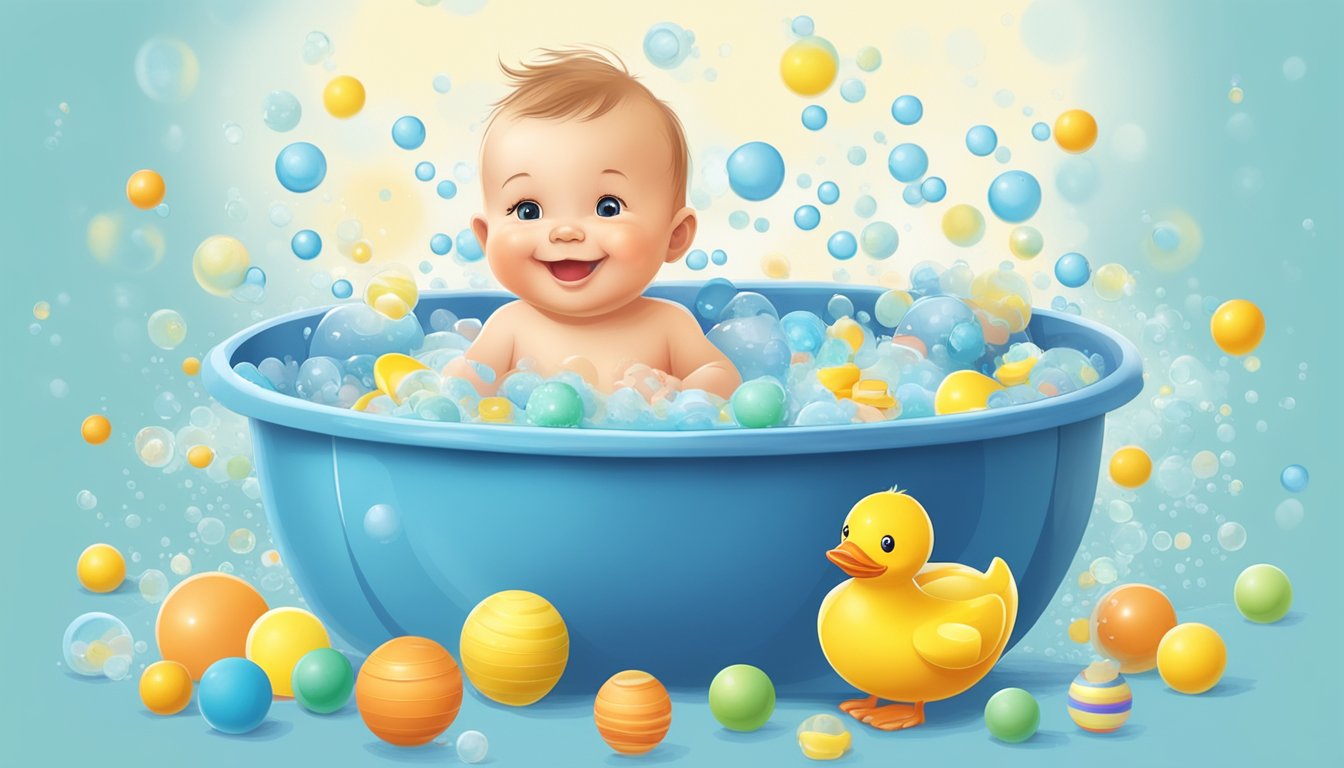 A smiling baby sits in a round, blue baby bath tub, surrounded by bubbles and toys, with a rubber duck floating nearby