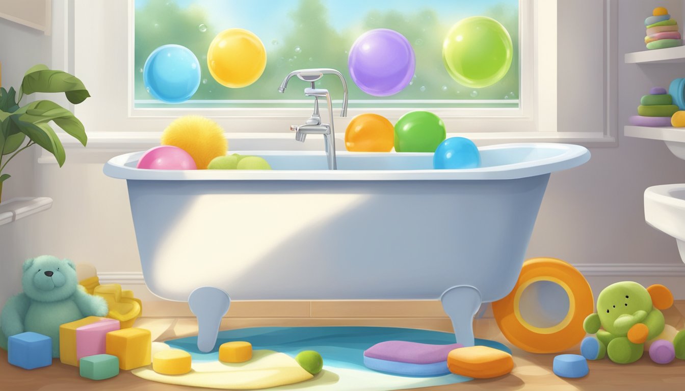 A baby bath tub sits in a sunlit bathroom, surrounded by colorful toys and fluffy towels. Bubbles float on the water's surface, creating a soothing and playful atmosphere for the baby's bath time