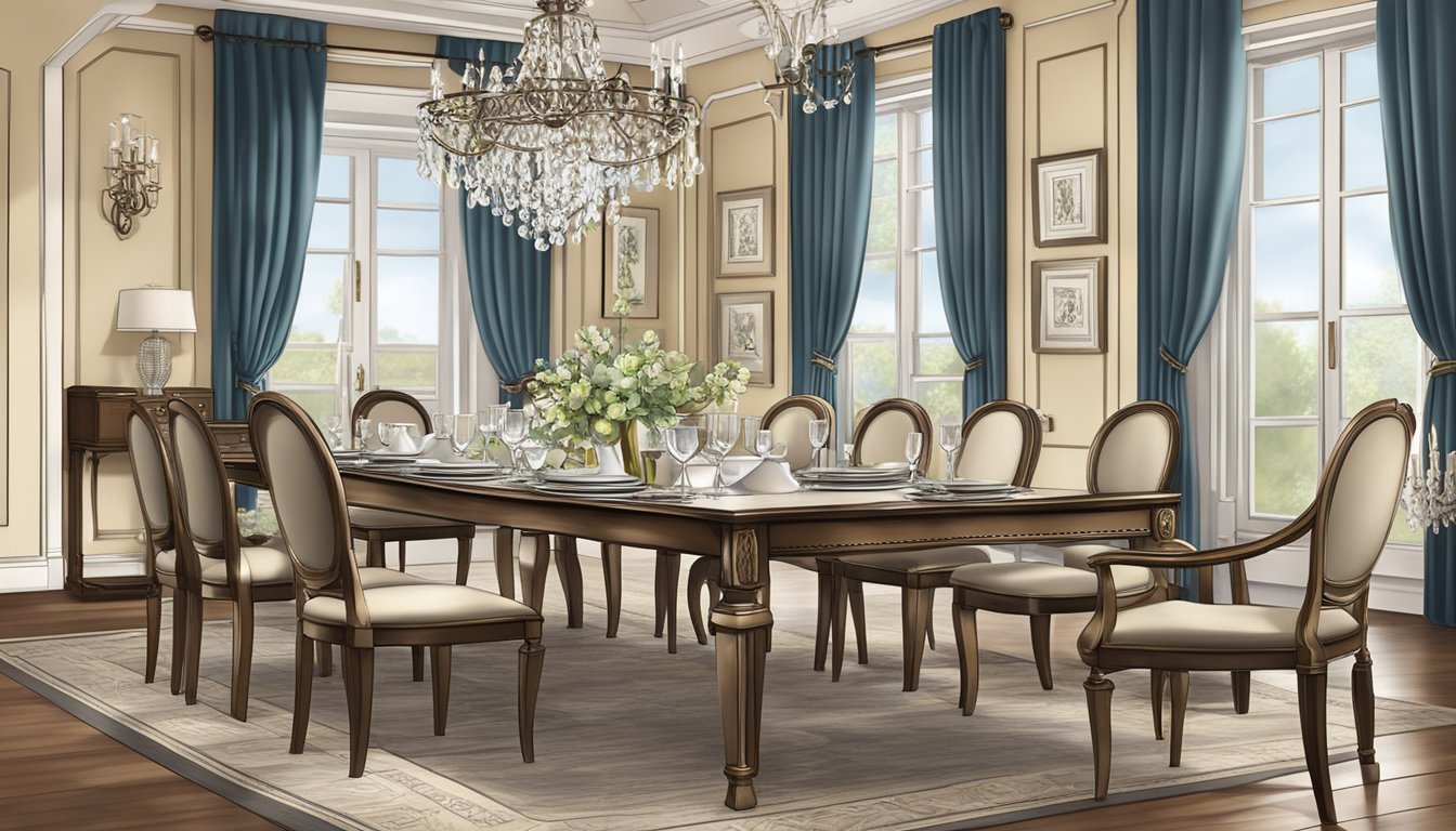 A dining table set with elegant dinnerware, surrounded by decorative wall art, curtains, and a chandelier