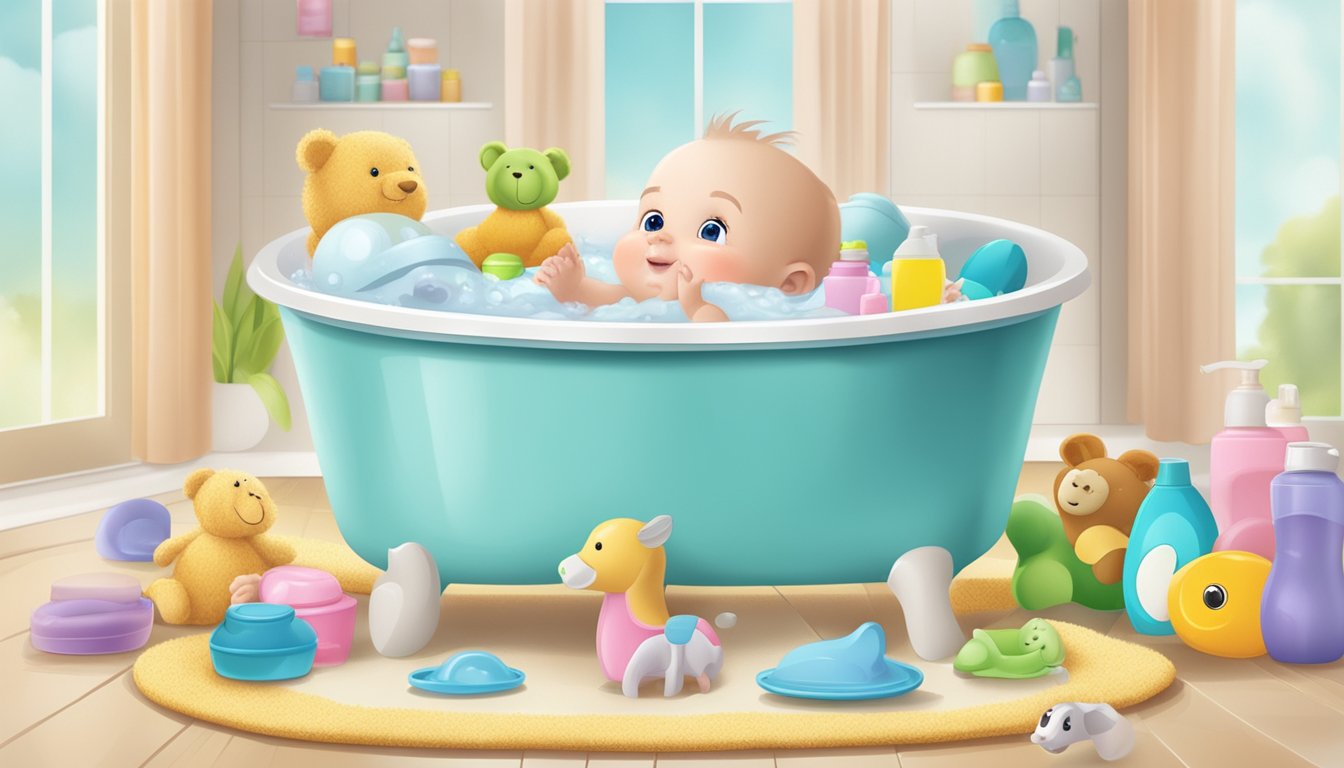 A small, round baby bath tub filled with water, surrounded by various baby bath products and toys