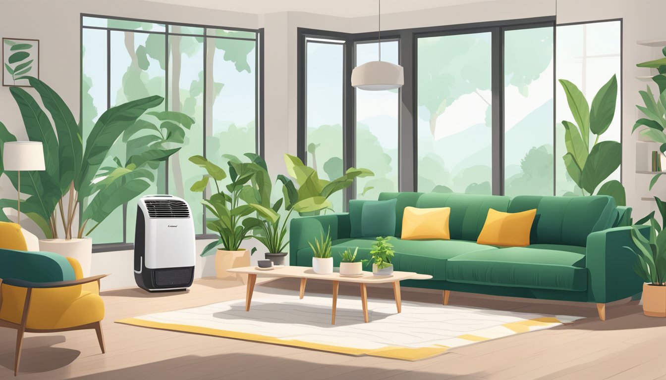 A bright, modern living room with a Europace dehumidifier in the corner, surrounded by lush green plants and cozy furniture