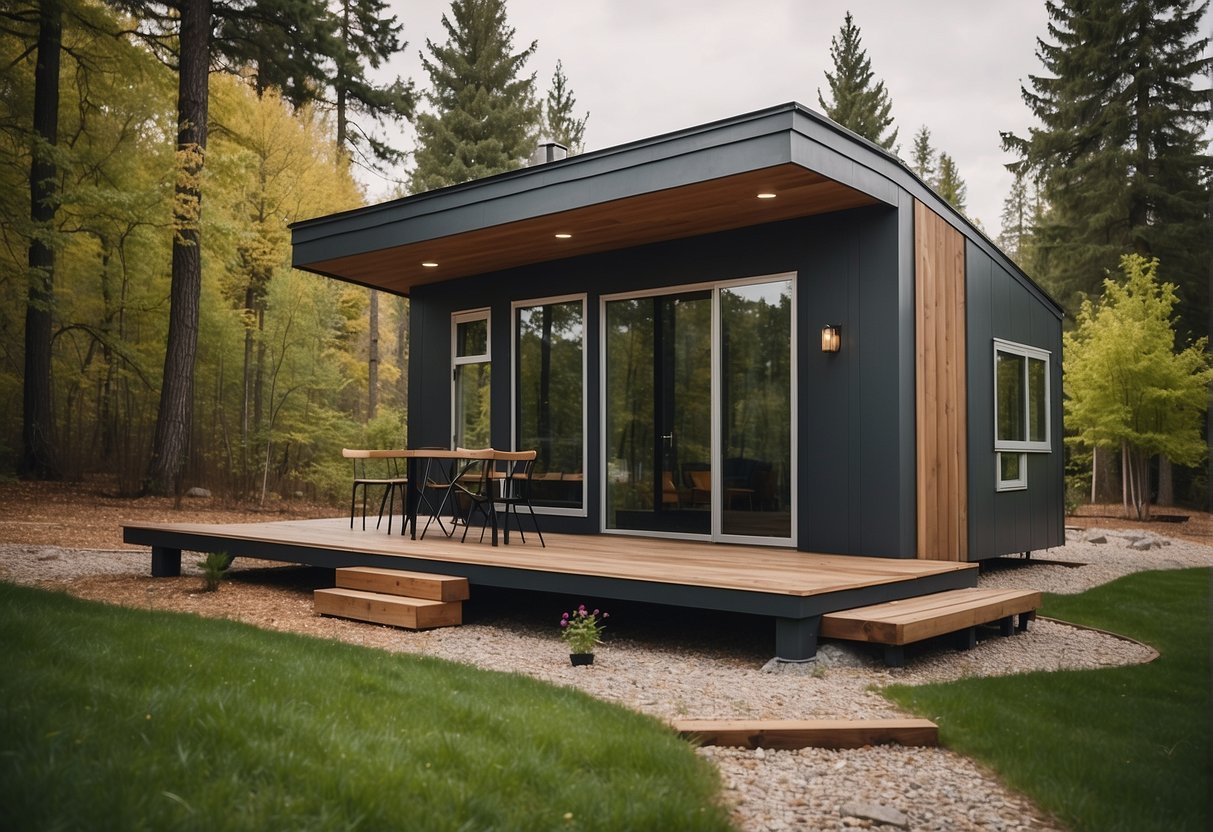 A tiny house sits on a tranquil, wooded lot. Its compact dimensions are evident from the outside, with a simple yet stylish design