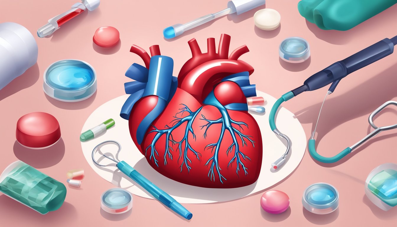 A heart with a blood clot being treated with medication and medical procedures