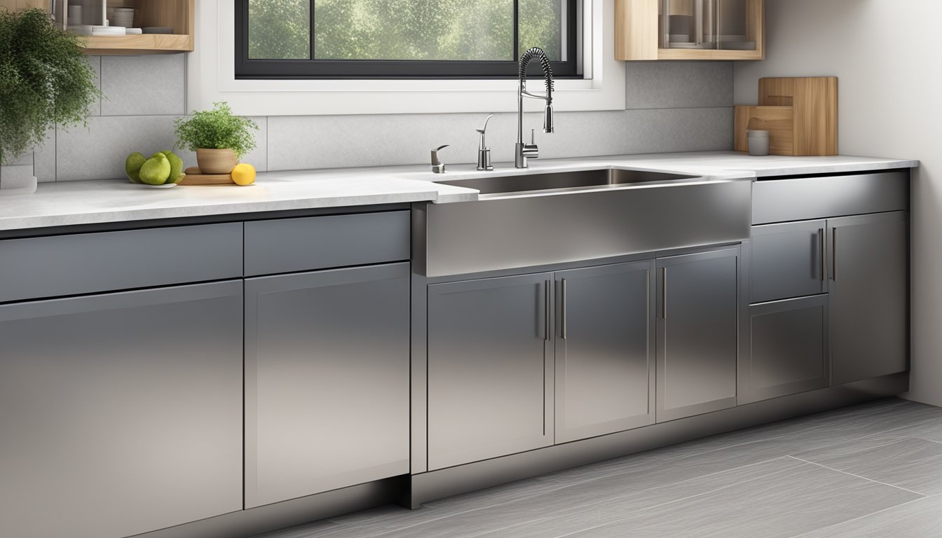 A stainless steel kitchen sink cabinet with sleek, modern design and durable materials