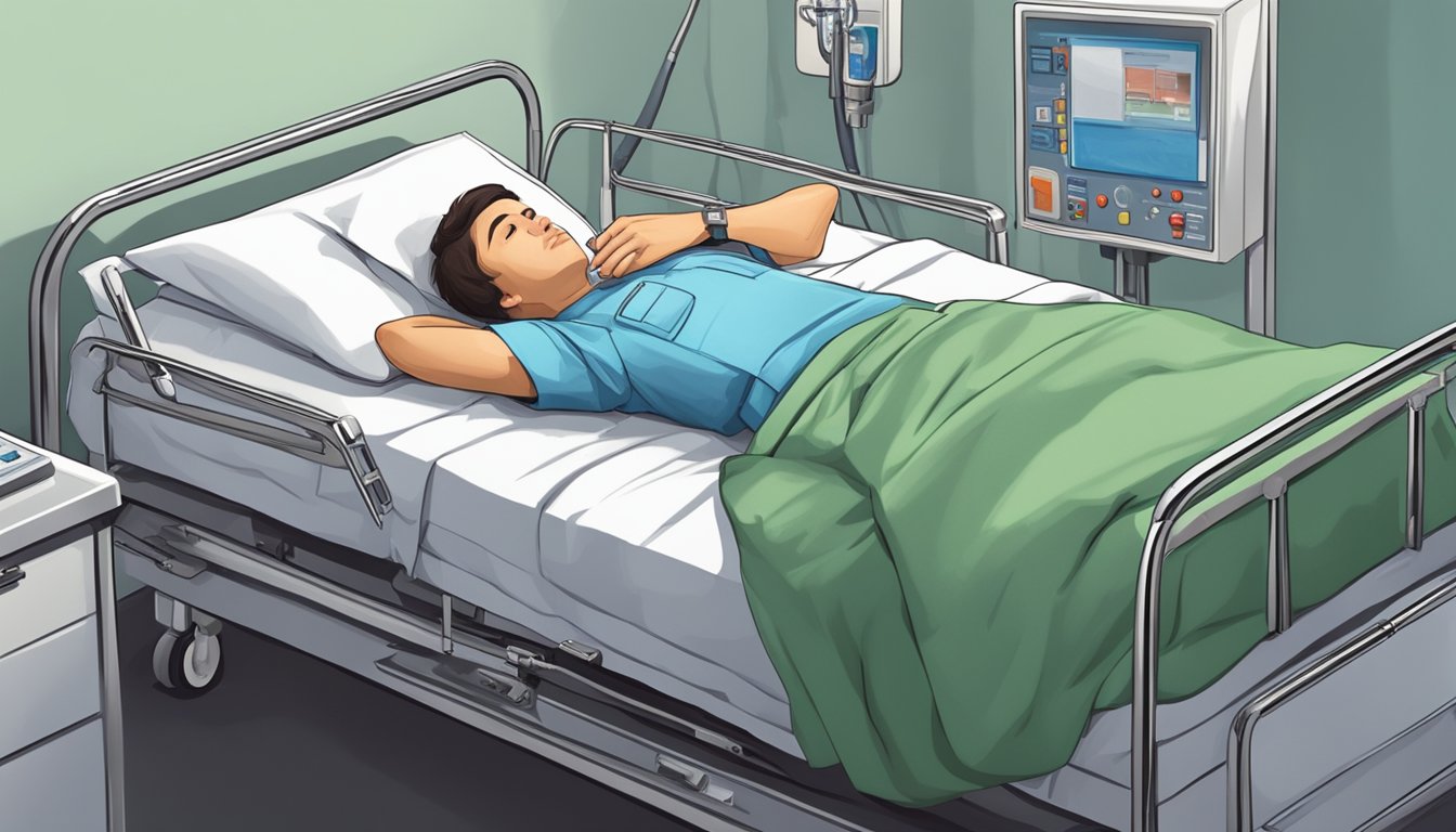 A person lying in bed with a hand clutching their chest, a look of distress on their face. Medical equipment and a doctor rushing to their aid
