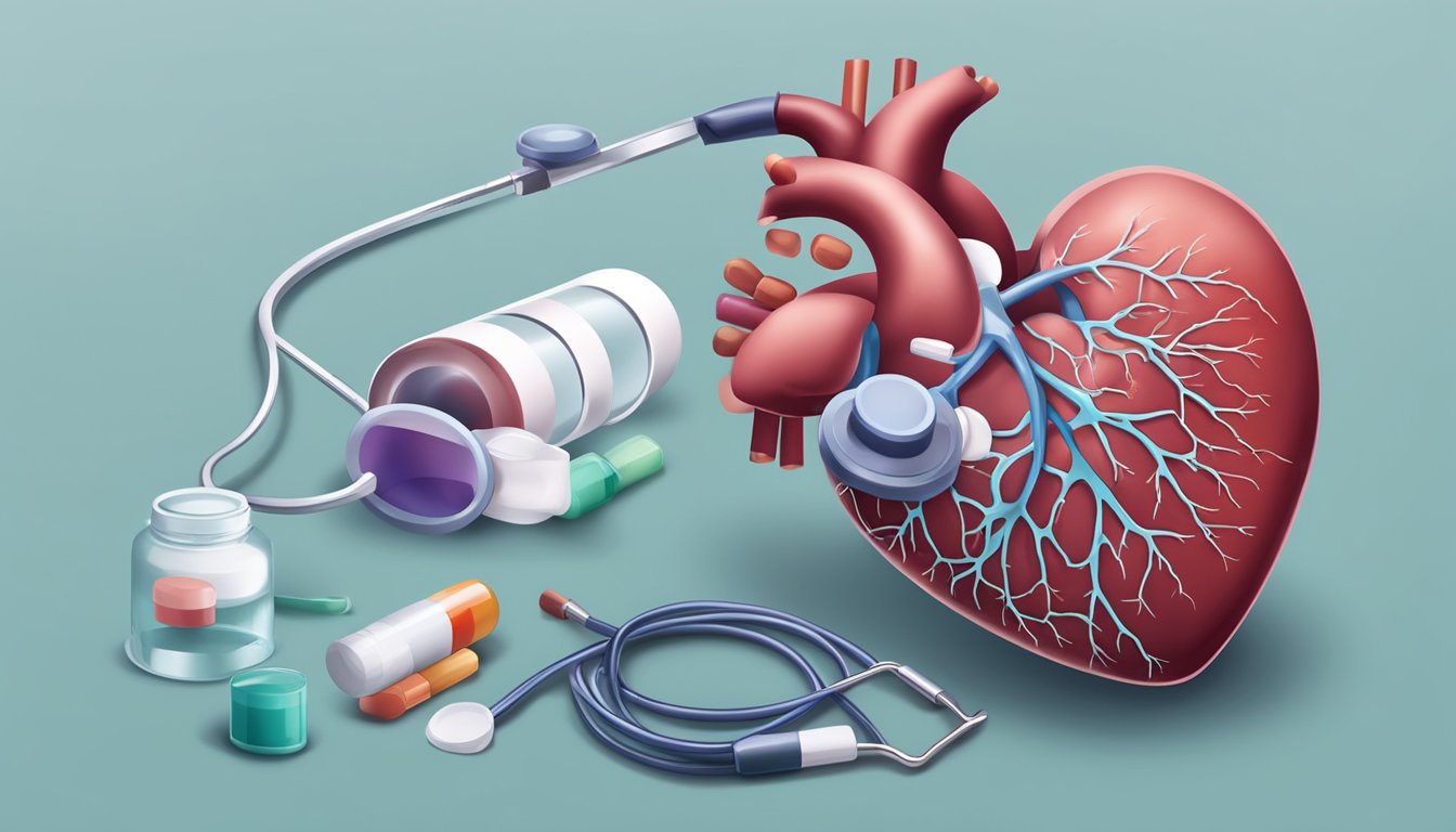 A heart with a blood clot being treated with medical equipment and medication