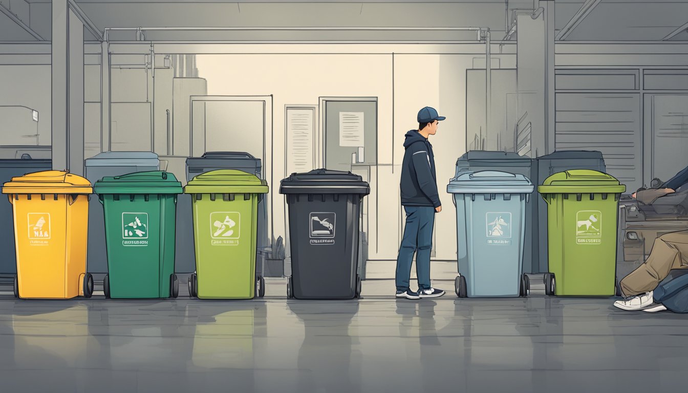 A person stands in front of various trash cans, examining sizes and styles