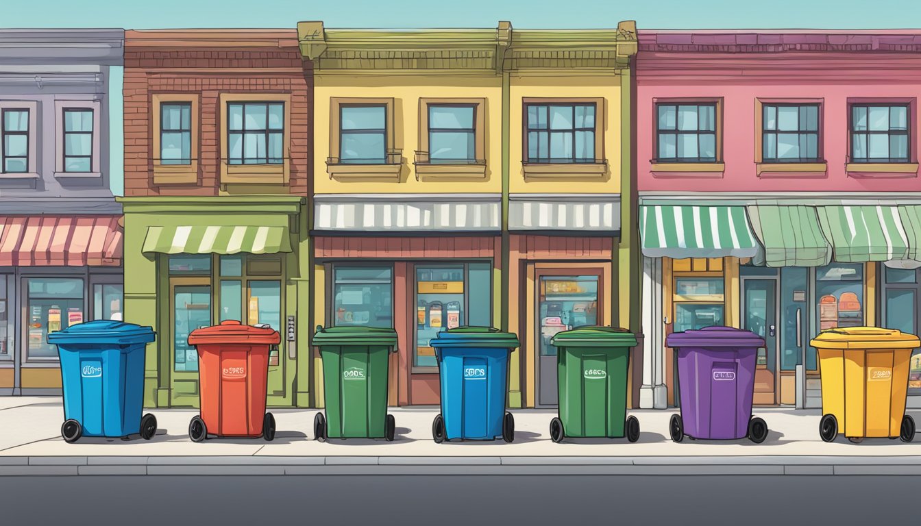 A colorful array of trash cans lined up in front of various stores, with signs indicating "Top Picks" and "Where to Buy."