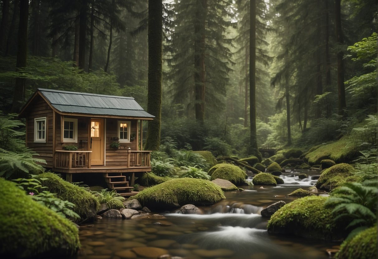 A tiny house nestled in a serene forest, surrounded by lush greenery and a babbling brook, with a sign that reads "Free Tiny House" in bold letters