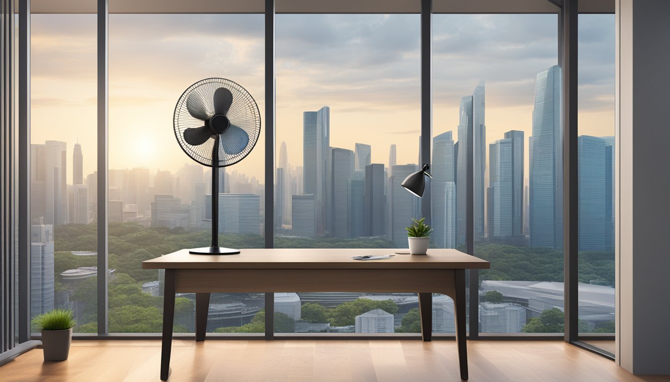 A table fan sits on a wooden desk in a modern Singaporean office, with the city skyline visible through the window in the background