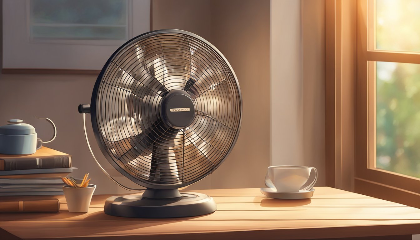 A table fan sits on a wooden table in a cozy home setting, with soft lighting and a comfortable atmosphere