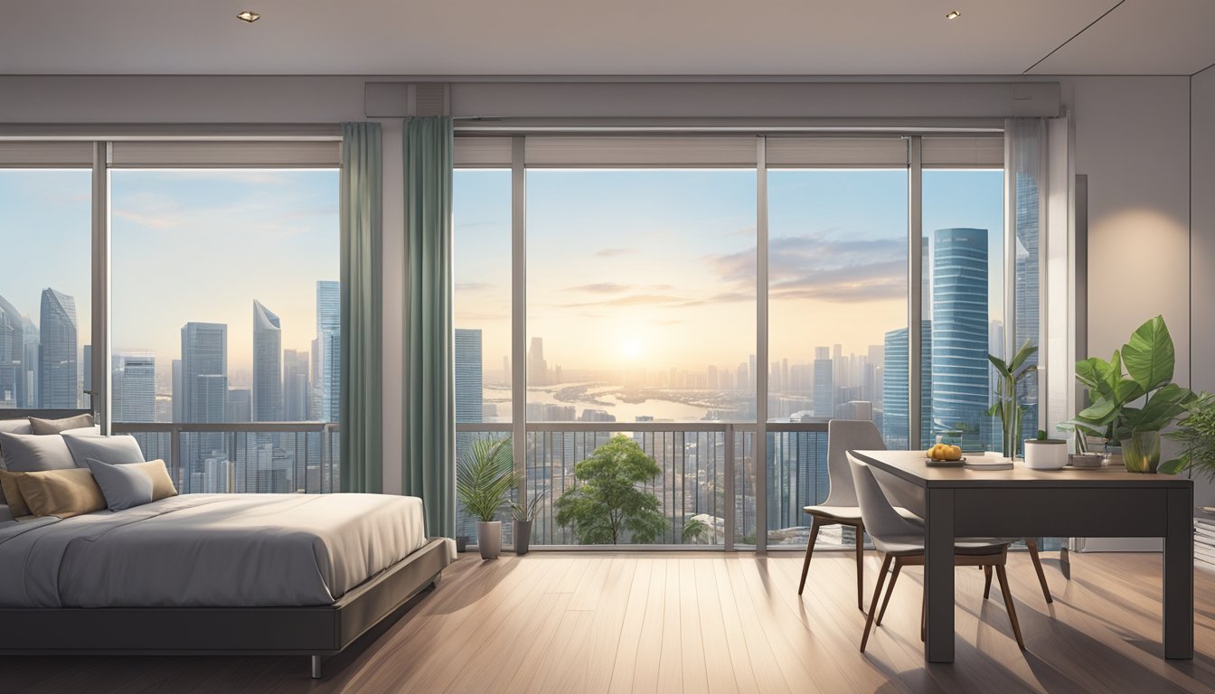A hand reaches out to turn on a sleek table fan in a modern Singapore apartment, with a window overlooking the city skyline